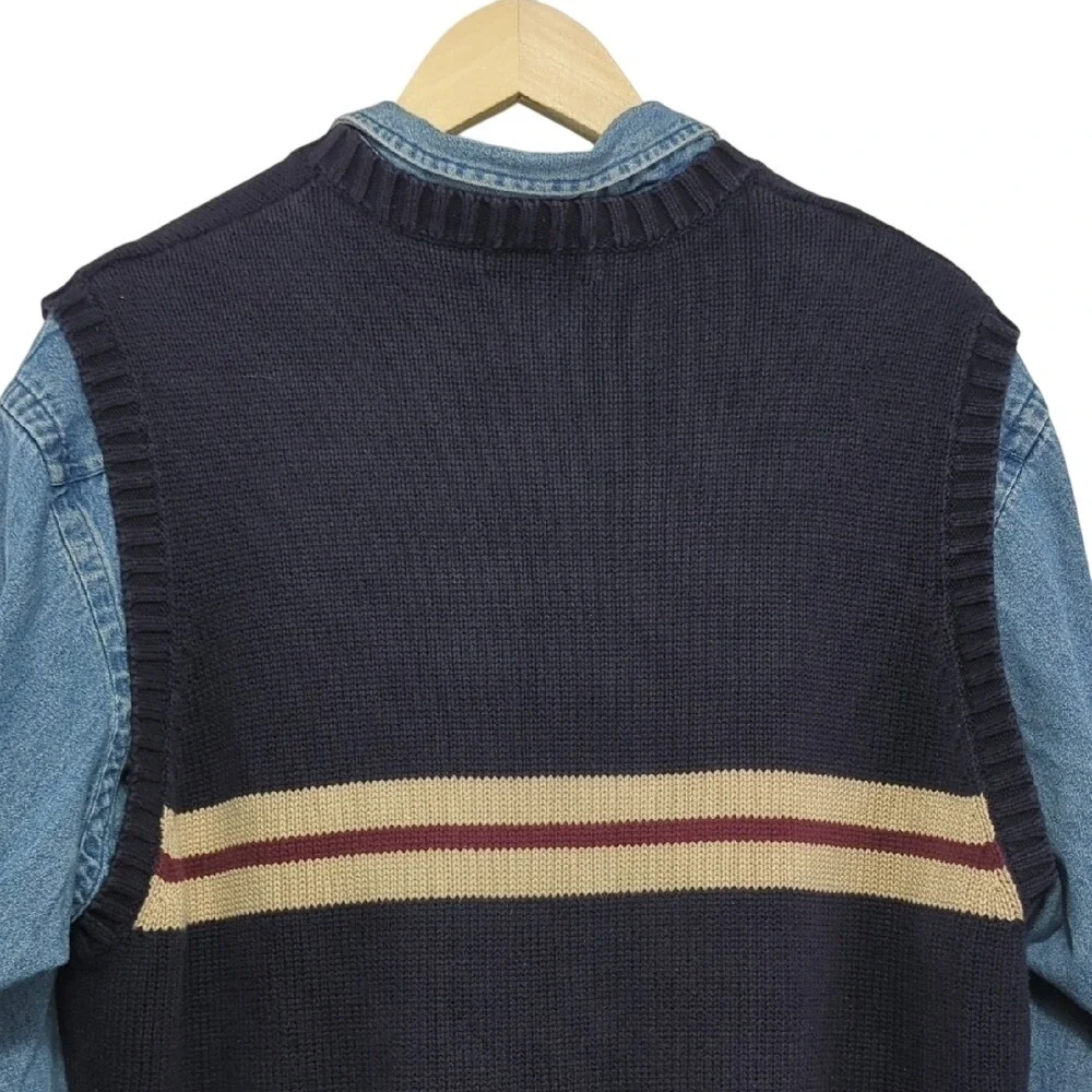 Vintage 90s J. Crew Sweater Vest Navy Blue‎ Cream Red Stripe Cotton Preppy Large
